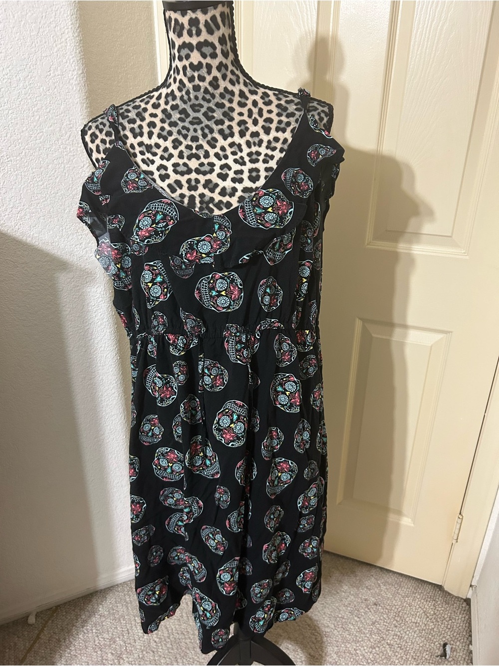 torrid Black Ruffle V-Neck Midi Dress with Colorful Skull Motif